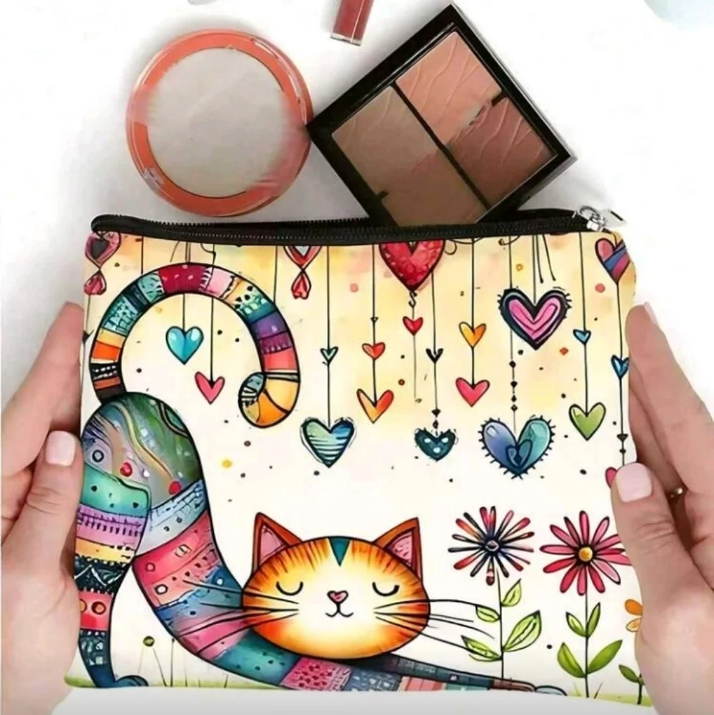 Boho Colorful Cat And Hearts Print Zipper Pouch Purse